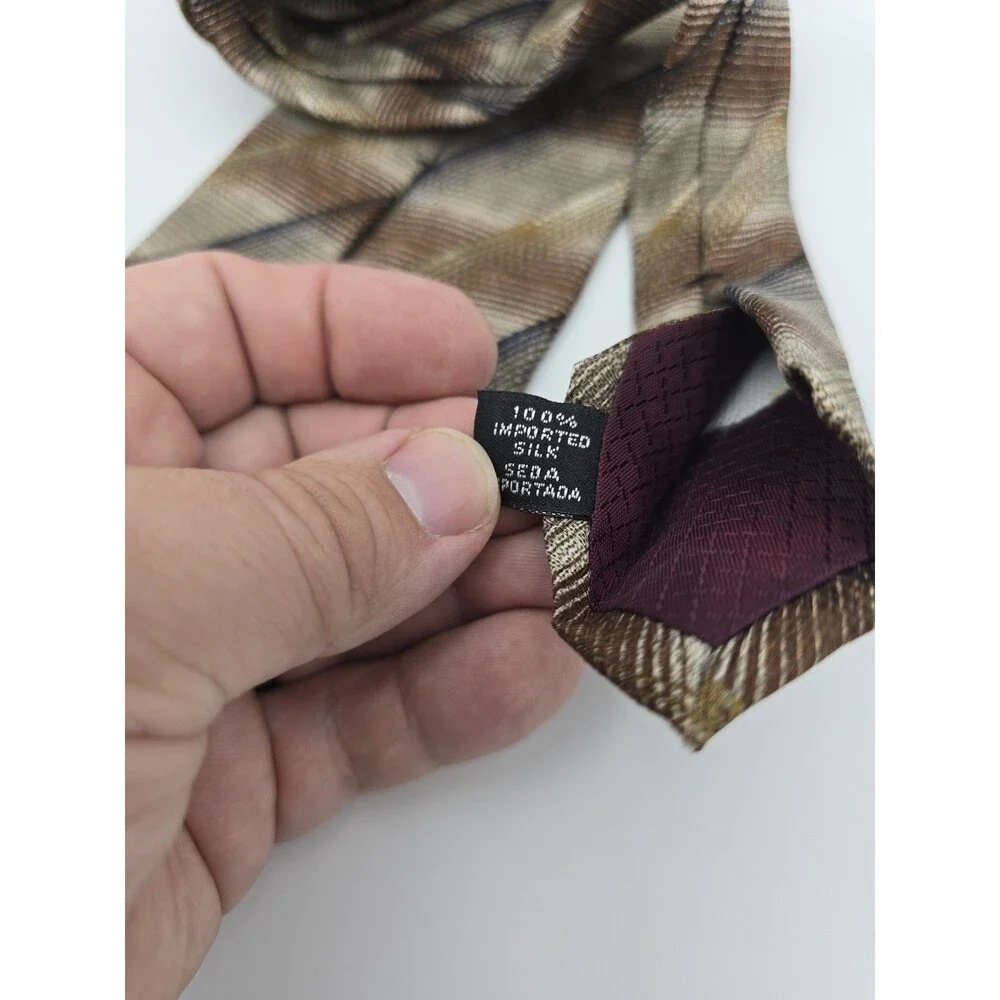 J. Ferrar Men's 100% Silk Tie Brown Beige Navy Blue Diagonal Abstract Stripe USA